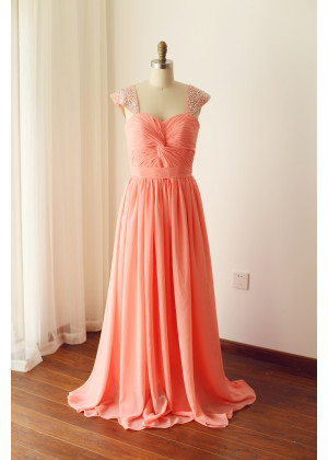 Beaded Cap Sleeves Coral Chiffon Corset Back Bridesmaid Dress